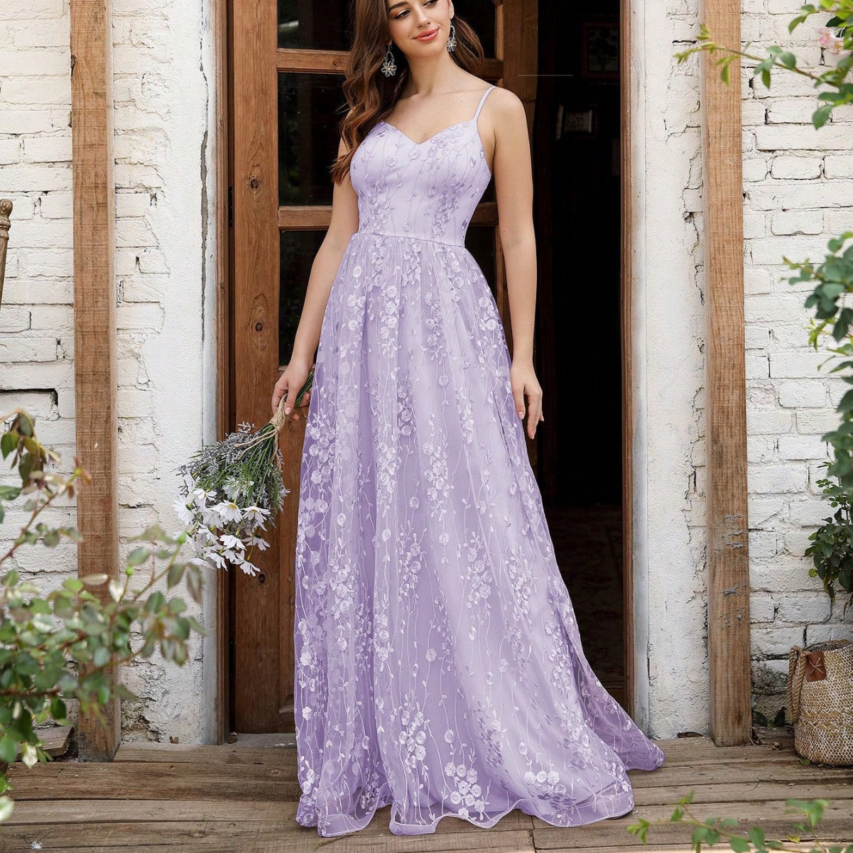 V-neck suspender evening dress tiktok mesh embroidery backless elegant evening dress prom dress party dress bridesmaid dress