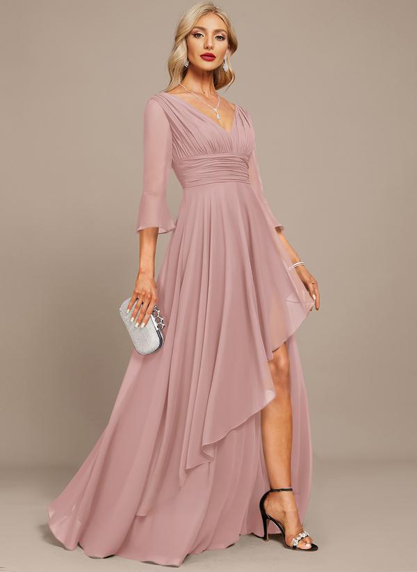 The mother of the bride dress features lace appliqués, a stunning cutout design, a V-neck, a high waist, and short sleeves.