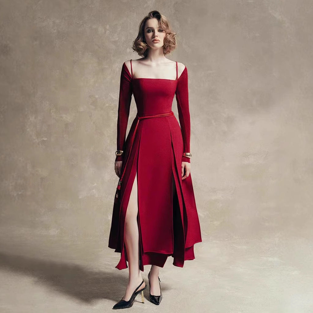 High-end slit off-the-shoulder dress new style elegant waist solid color long-sleeved long skirt