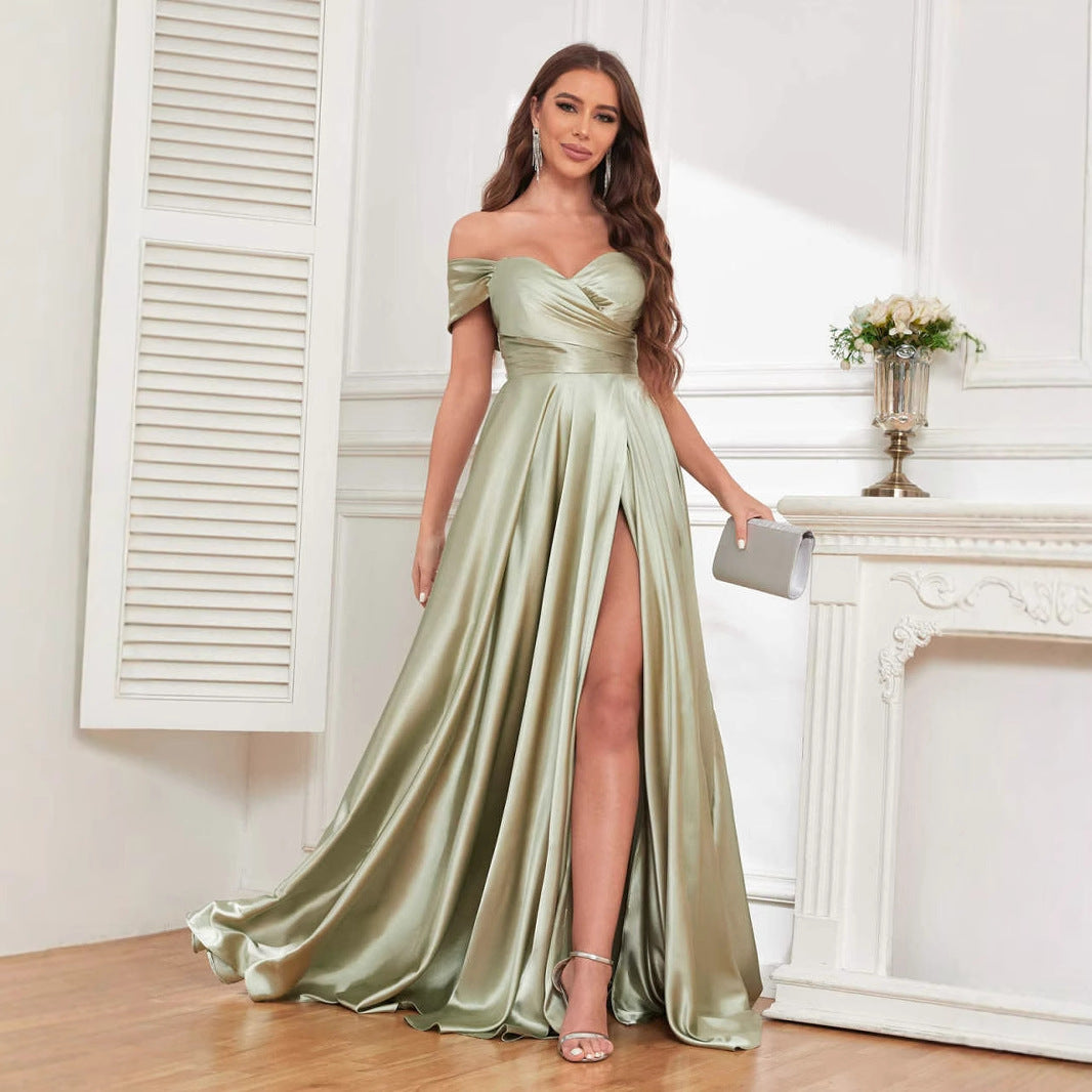 French evening dress one-shoulder celebrity cross-border slim-fit female temperament dress silky satin dress