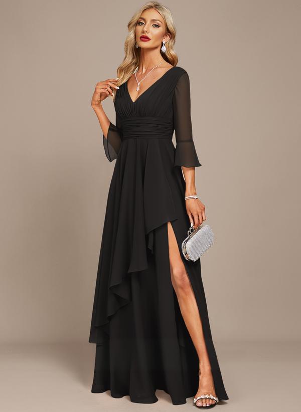The mother of the bride dress features lace appliqués, a stunning cutout design, a V-neck, a high waist, and short sleeves.