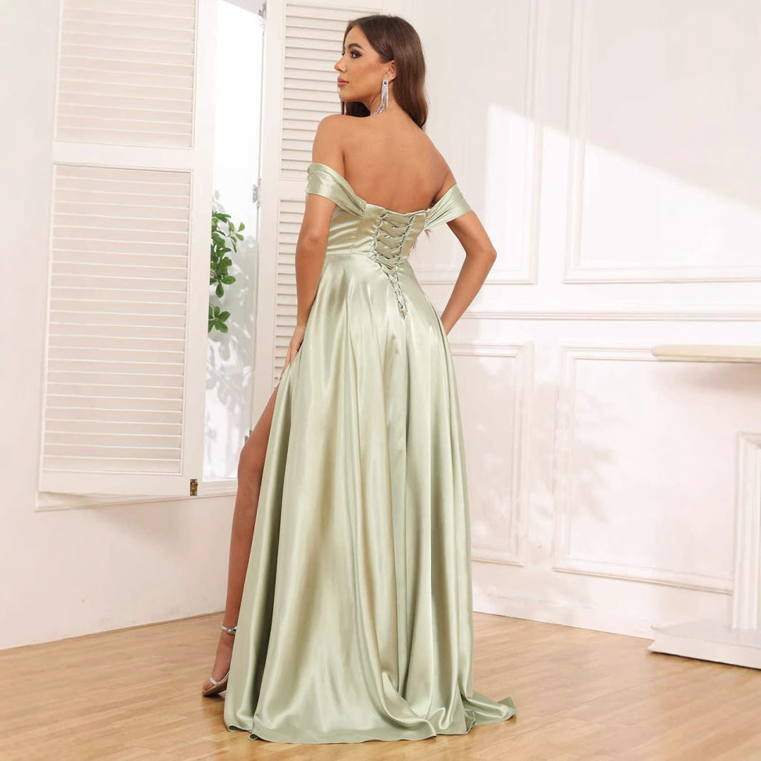 French evening dress one-shoulder celebrity cross-border slim-fit female temperament dress silky satin dress