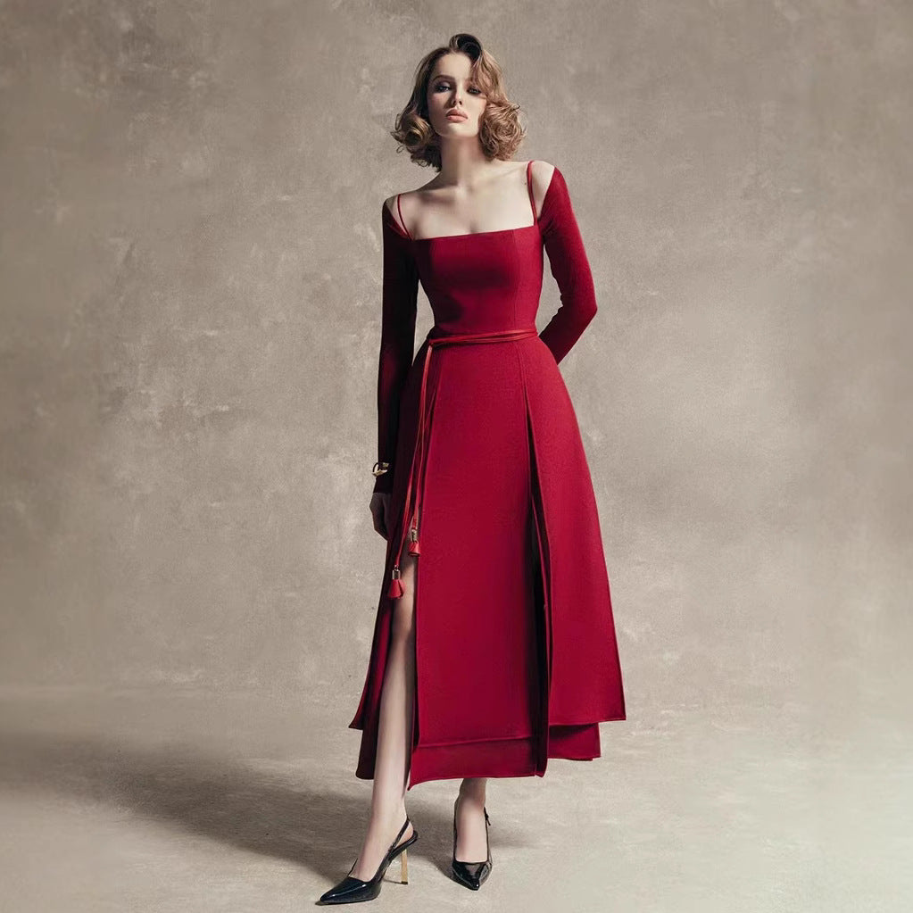 High-end slit off-the-shoulder dress new style elegant waist solid color long-sleeved long skirt