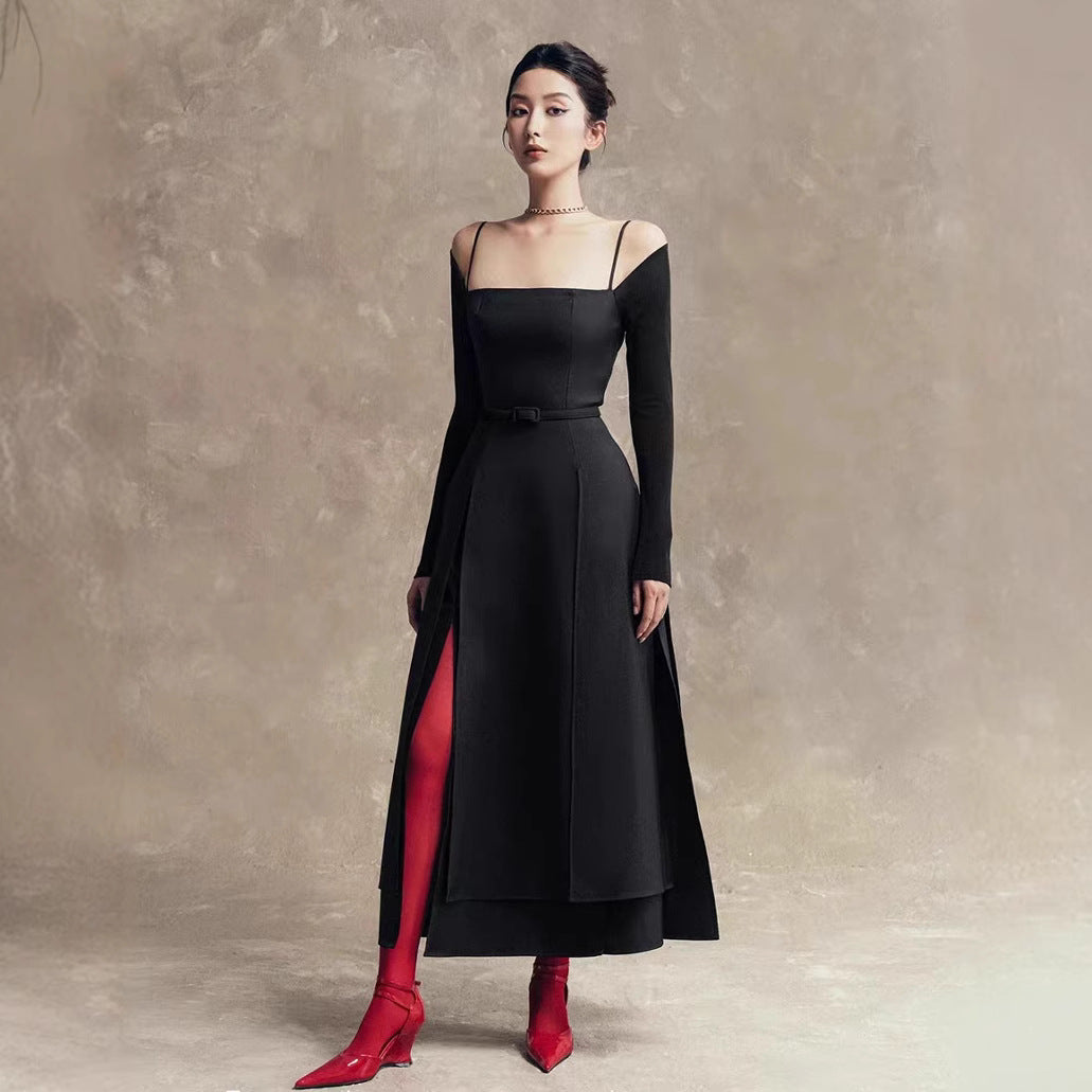High-end slit off-the-shoulder dress new style elegant waist solid color long-sleeved long skirt
