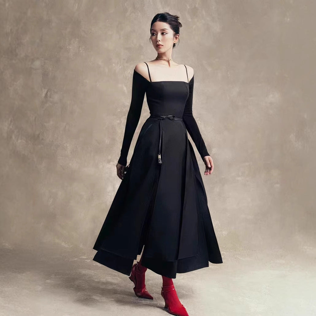 High-end slit off-the-shoulder dress new style elegant waist solid color long-sleeved long skirt