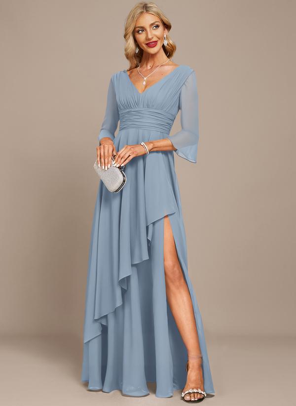 The mother of the bride dress features lace appliqués, a stunning cutout design, a V-neck, a high waist, and short sleeves.