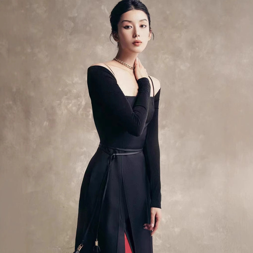 High-end slit off-the-shoulder dress new style elegant waist solid color long-sleeved long skirt