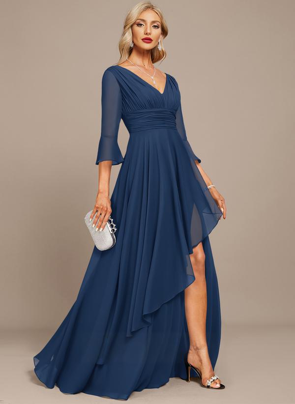 The mother of the bride dress features lace appliqués, a stunning cutout design, a V-neck, a high waist, and short sleeves.