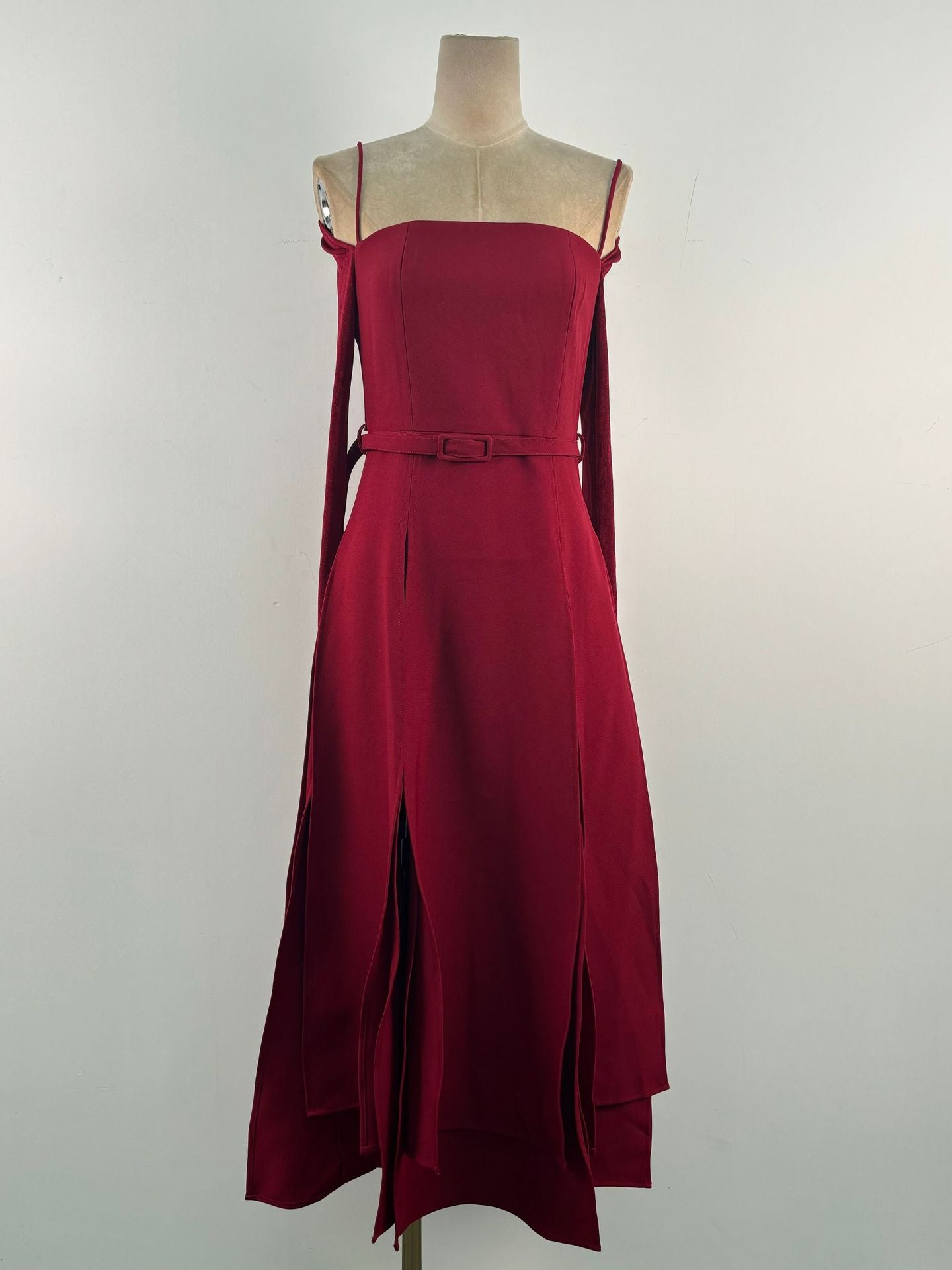 High-end slit off-the-shoulder dress new style elegant waist solid color long-sleeved long skirt
