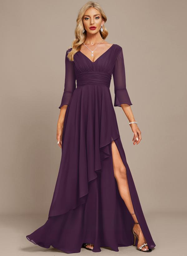 The mother of the bride dress features lace appliqués, a stunning cutout design, a V-neck, a high waist, and short sleeves.