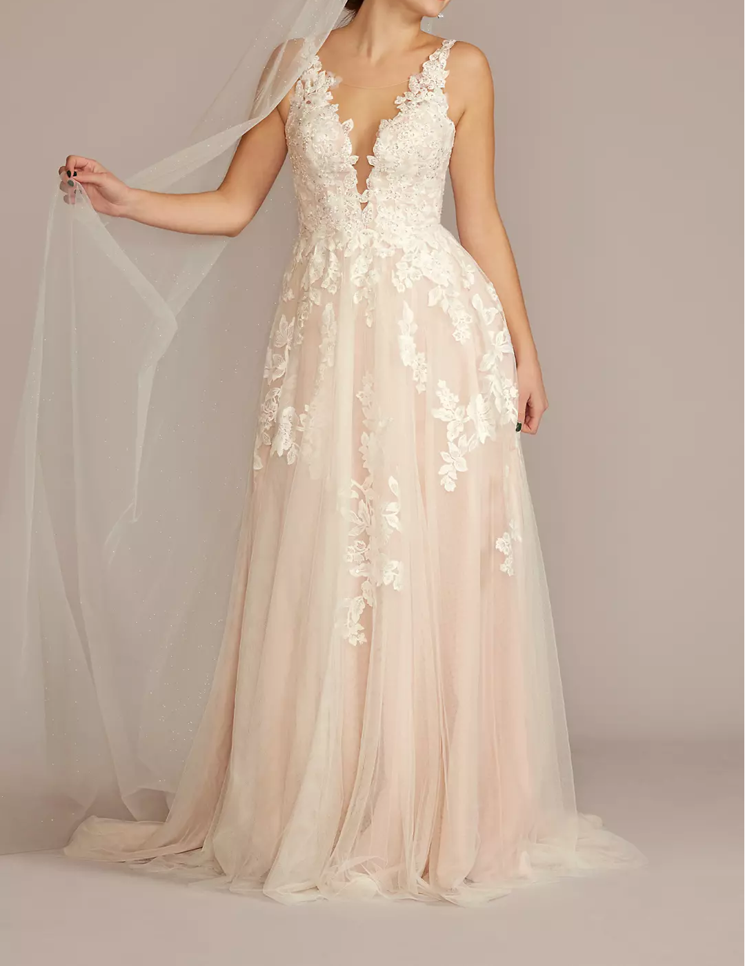 Double shoulder deep V wedding dress with handmade flower draping and train