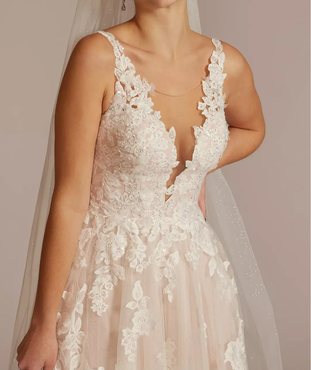 Double shoulder deep V wedding dress with handmade flower draping and train