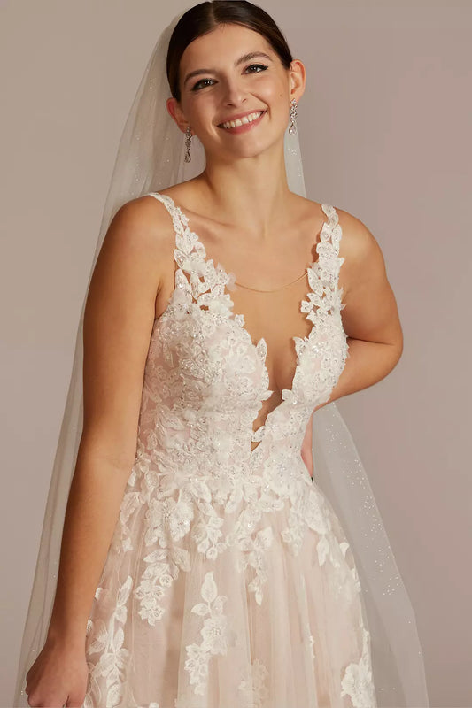 Double shoulder deep V wedding dress with handmade flower draping and train