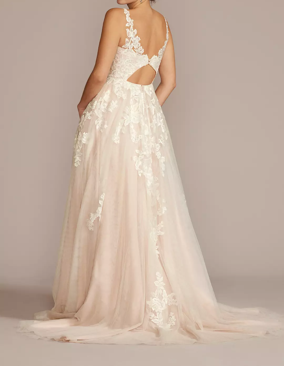 Double shoulder deep V wedding dress with handmade flower draping and train