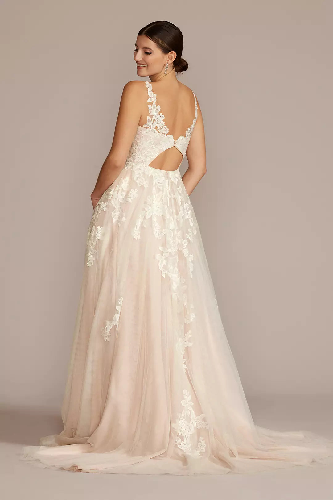 Double shoulder deep V wedding dress with handmade flower draping and train