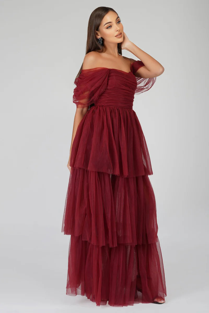 A Fitted Bodice,Cap Sleeve,Hidden Back Zipper ,A Flattering Sweetheart Neckline, Tiered Maxi Dress