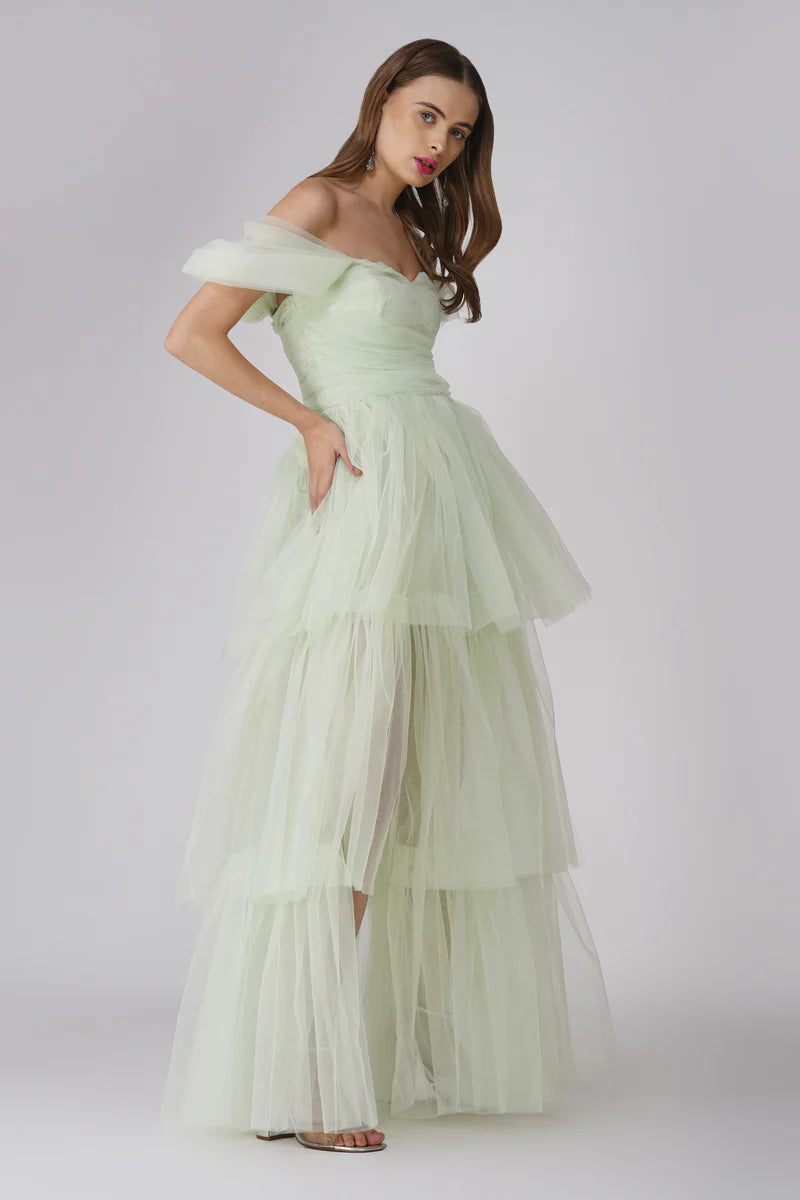 A Fitted Bodice,Cap Sleeve,Hidden Back Zipper ,A Flattering Sweetheart Neckline, Tiered Maxi Dress