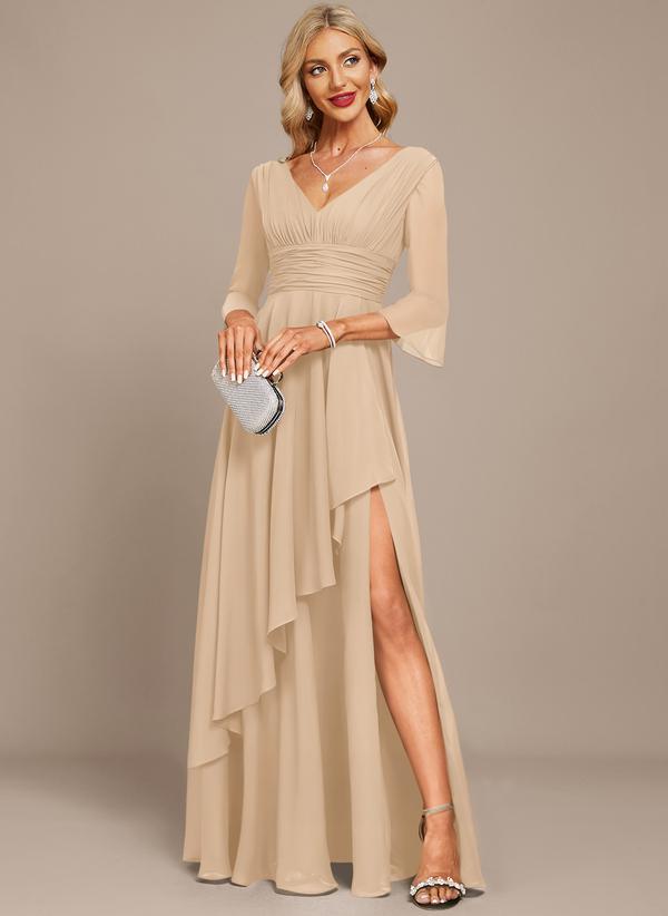 The mother of the bride dress features lace appliqués, a stunning cutout design, a V-neck, a high waist, and short sleeves.