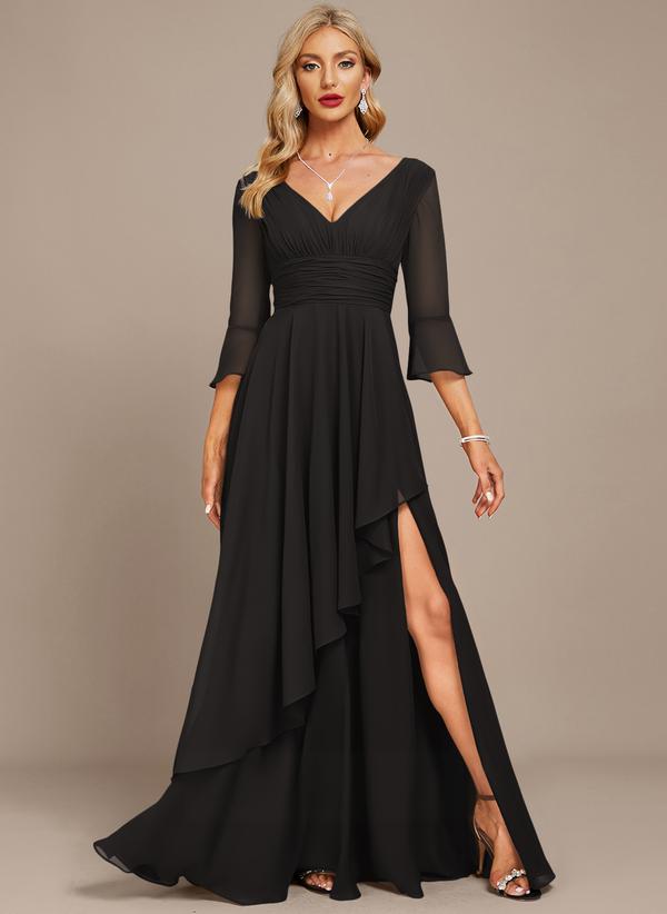 The mother of the bride dress features lace appliqués, a stunning cutout design, a V-neck, a high waist, and short sleeves.