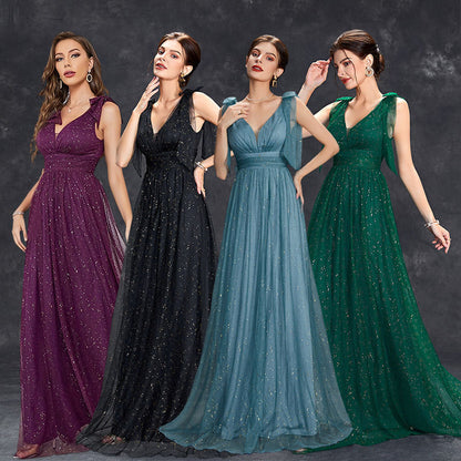 Evening dress with gold sequins, new style for women, bow, elegant V-neck bridesmaid dress