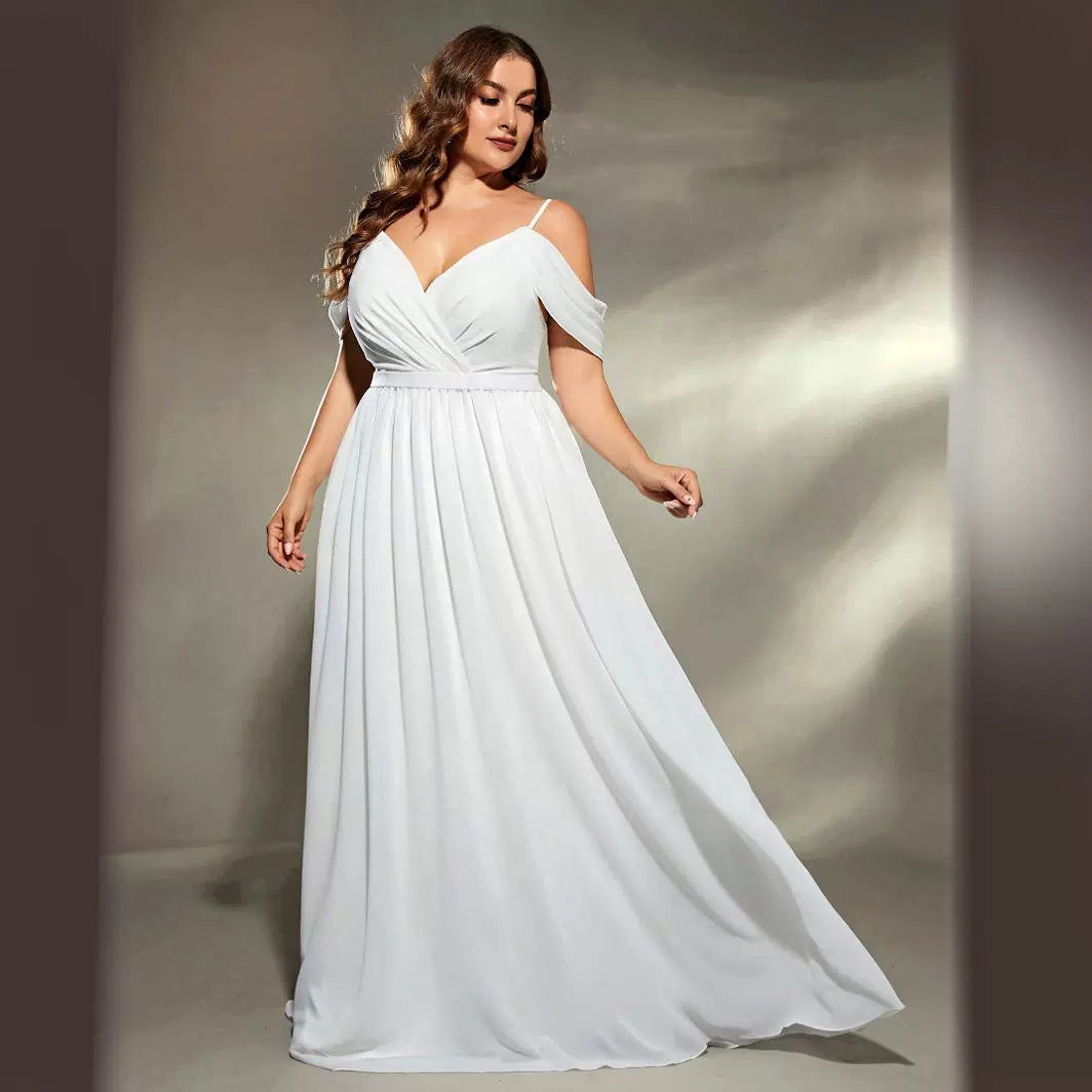 White off-the-shoulder evening dress bridesmaids