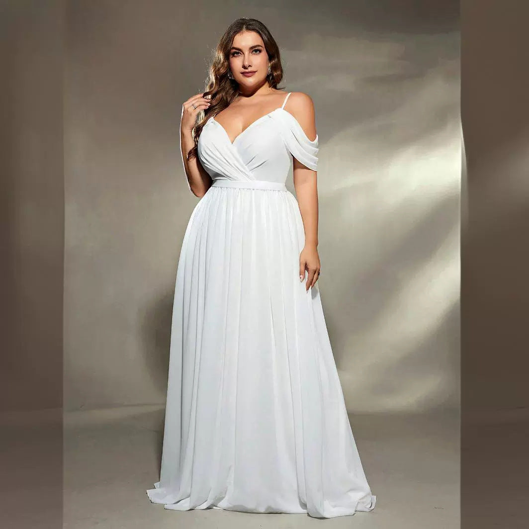 White off-the-shoulder evening dress bridesmaids