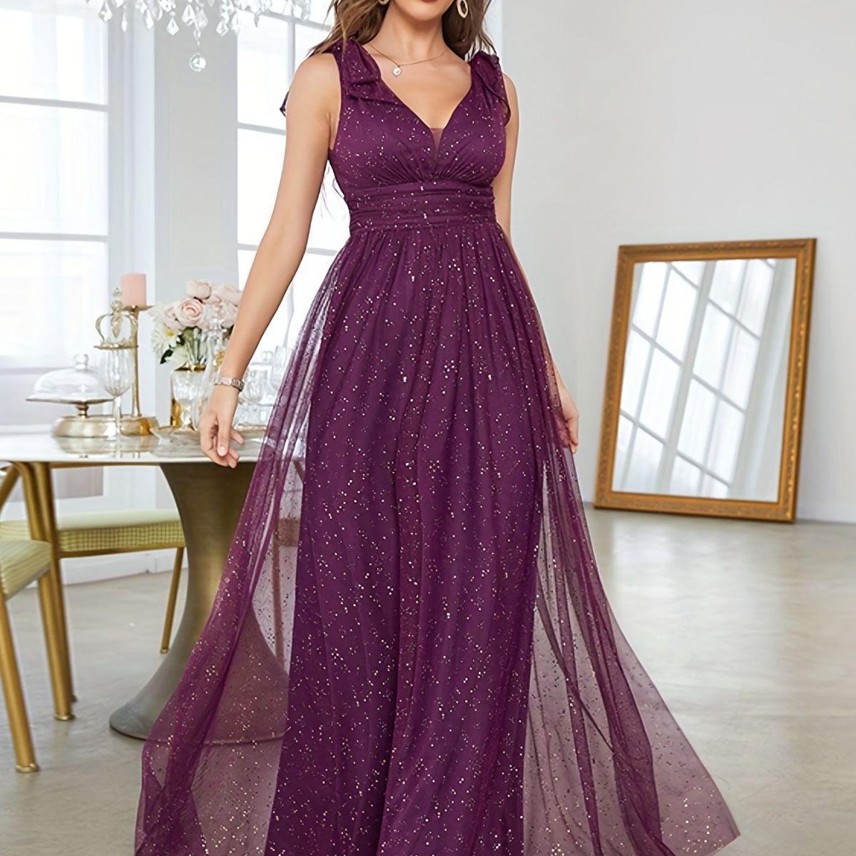 Evening dress with gold sequins, new style for women, bow, elegant V-neck bridesmaid dress