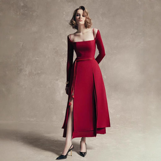 High-end slit off-the-shoulder dress new style elegant waist solid color long-sleeved long skirt
