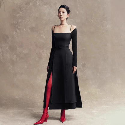 High-end slit off-the-shoulder dress new style elegant waist solid color long-sleeved long skirt