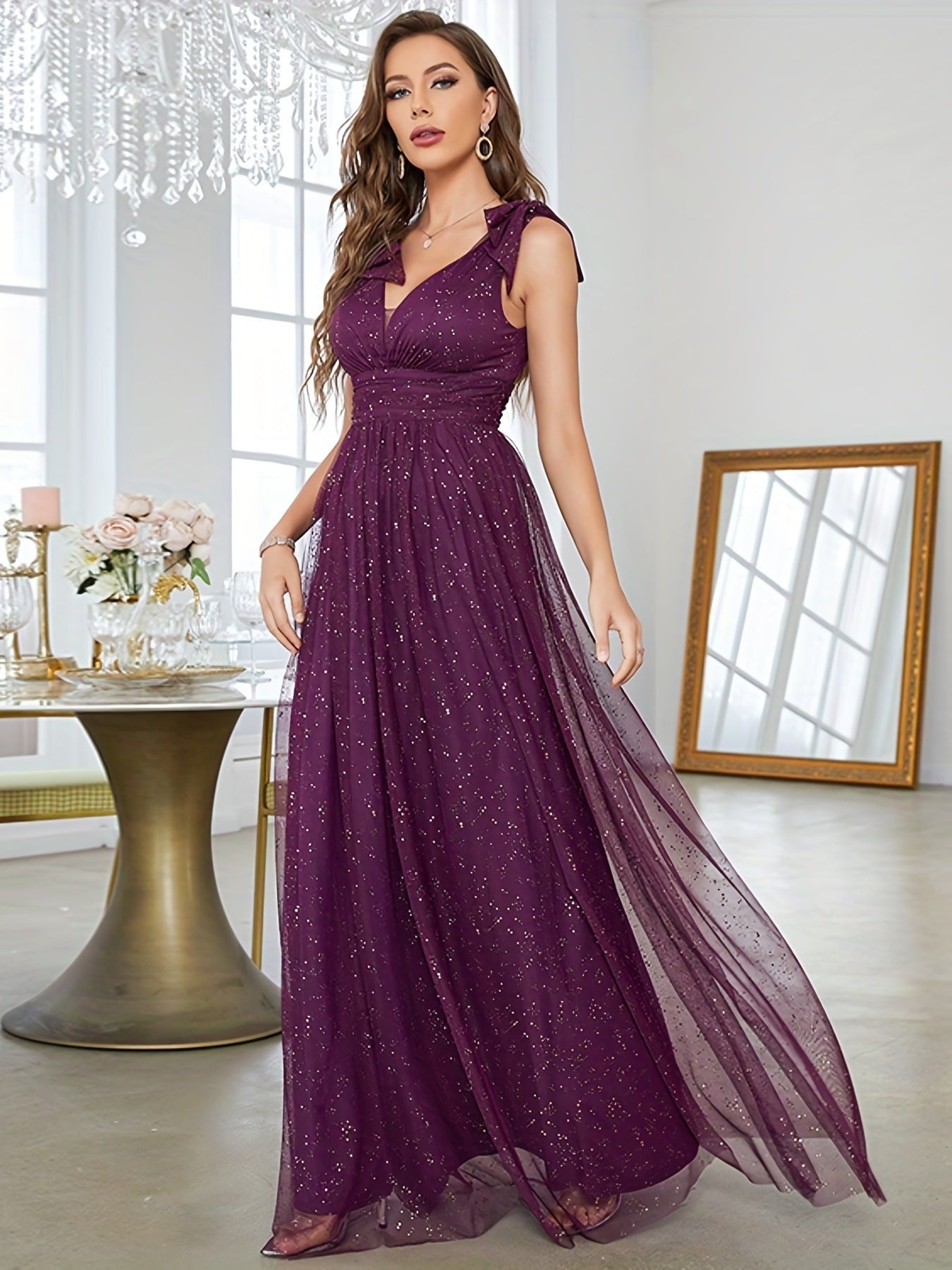 Evening dress with gold sequins, new style for women, bow, elegant V-neck bridesmaid dress