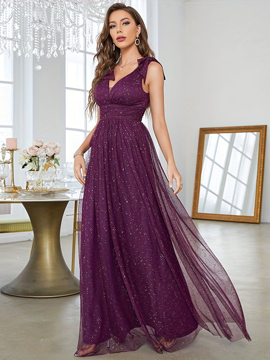Evening dress with gold sequins, new style for women, bow, elegant V-neck bridesmaid dress