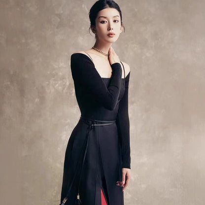 High-end slit off-the-shoulder dress new style elegant waist solid color long-sleeved long skirt