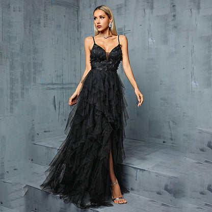 European and American suspender dress women's 2025 new mesh design light luxury niche adult ceremony evening dress women