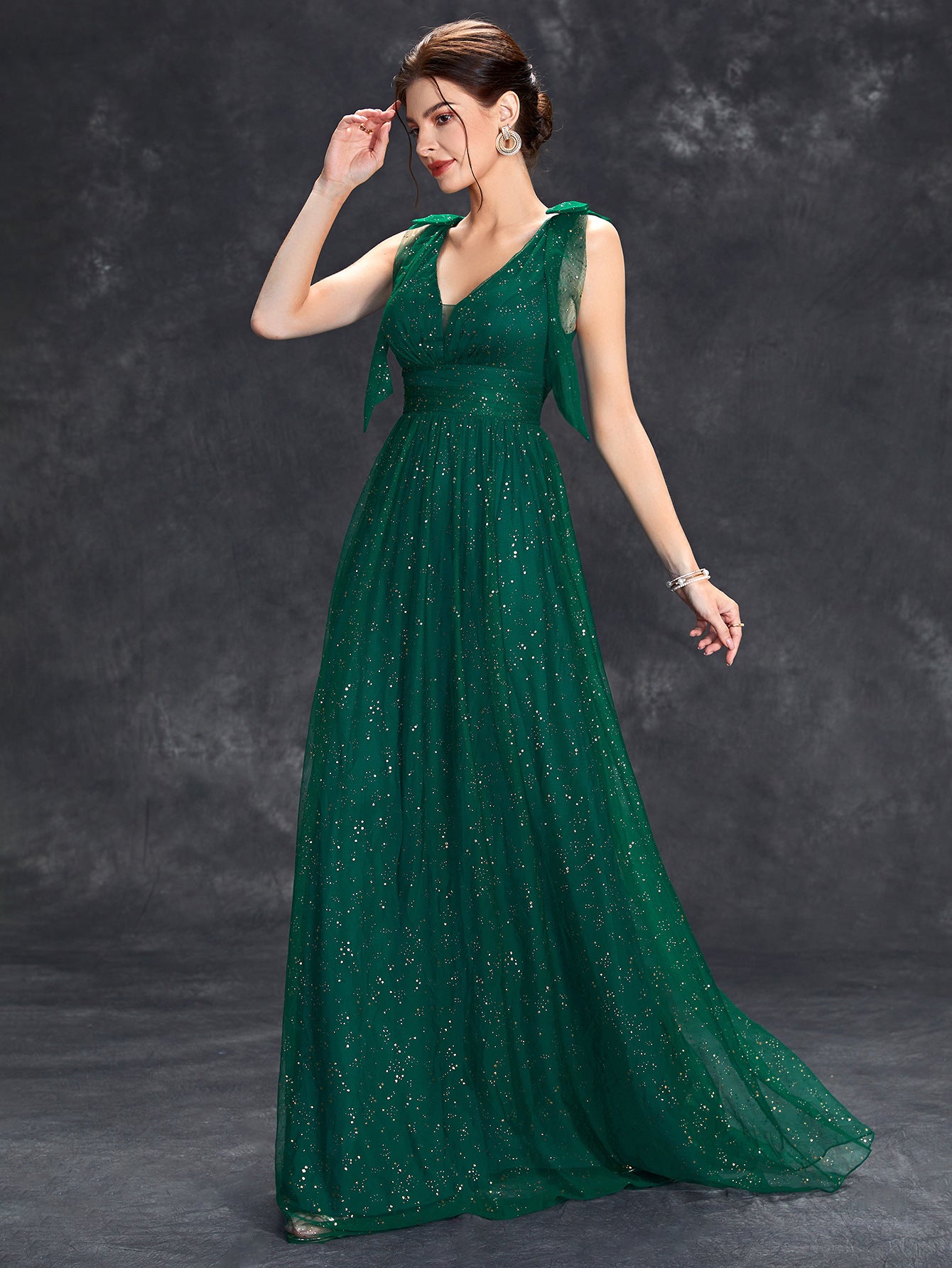 Evening dress with gold sequins, new style for women, bow, elegant V-neck bridesmaid dress