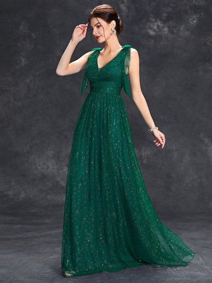 Evening dress with gold sequins, new style for women, bow, elegant V-neck bridesmaid dress