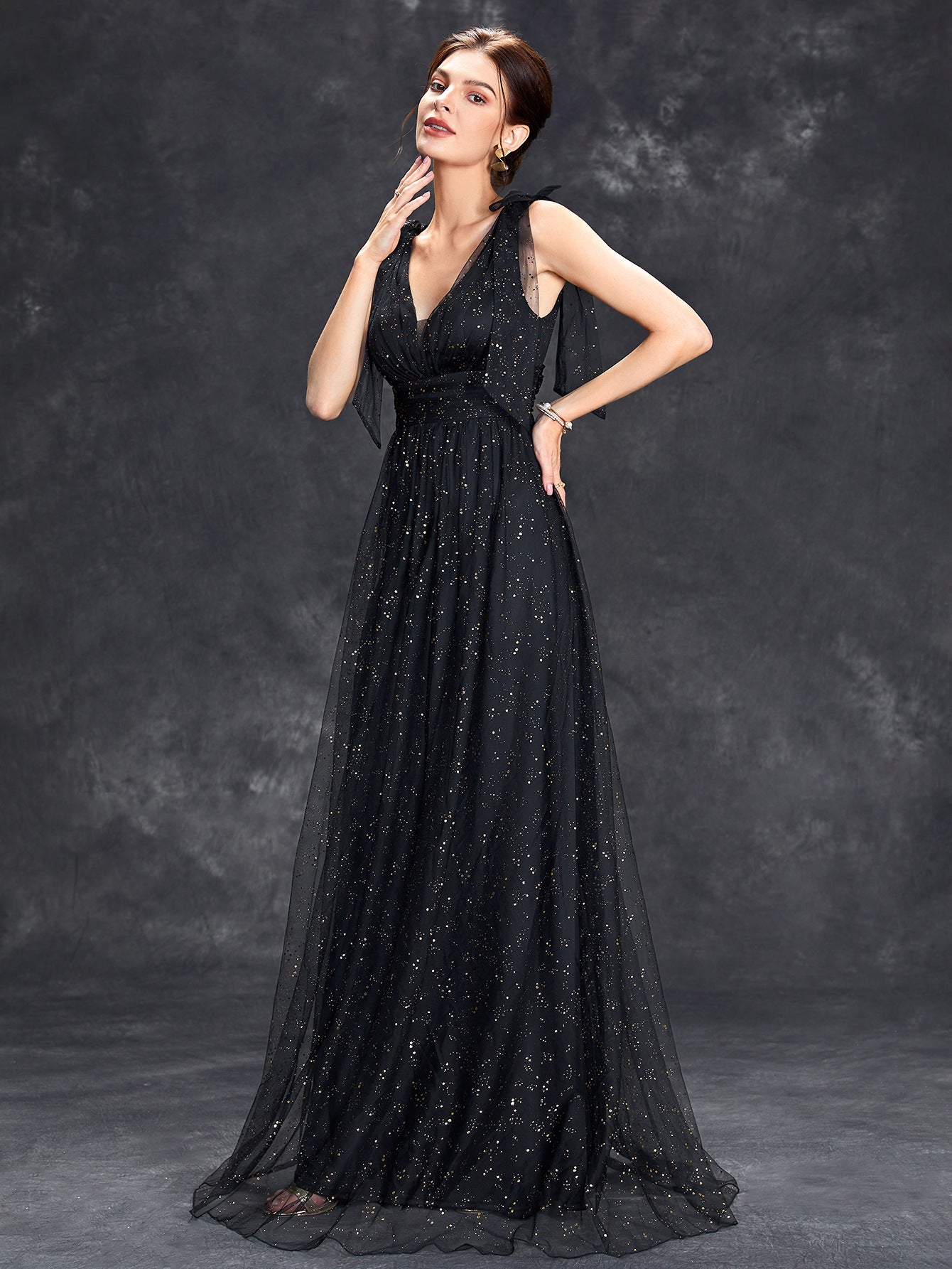 Evening dress with gold sequins, new style for women, bow, elegant V-neck bridesmaid dress