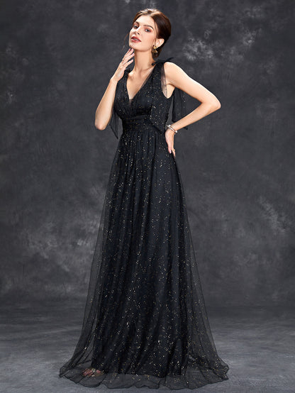 Evening dress with gold sequins, new style for women, bow, elegant V-neck bridesmaid dress