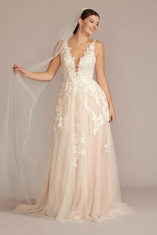 Double shoulder deep V wedding dress with handmade flower draping and train