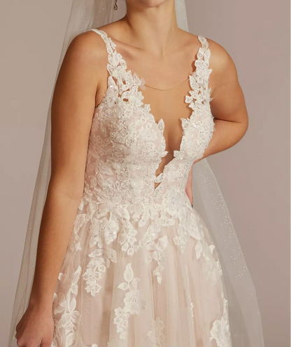 Double shoulder deep V wedding dress with handmade flower draping and train