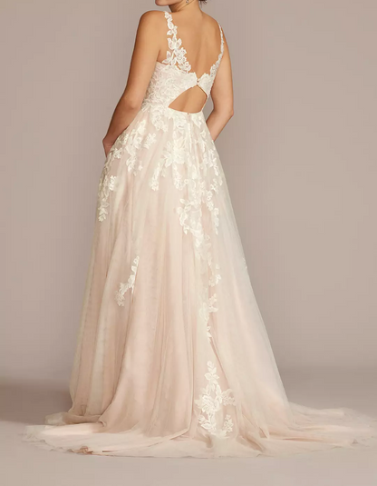 Double shoulder deep V wedding dress with handmade flower draping and train