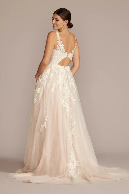 Double shoulder deep V wedding dress with handmade flower draping and train