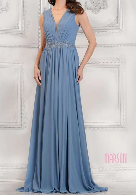 Slate Blue V-Neck Chiffon A-Line Dress Expertly Designed For Female With High-Quality Chiffon