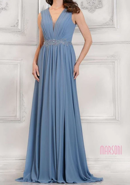 Slate Blue V-Neck Chiffon A-Line Dress Expertly Designed For Female With High-Quality Chiffon