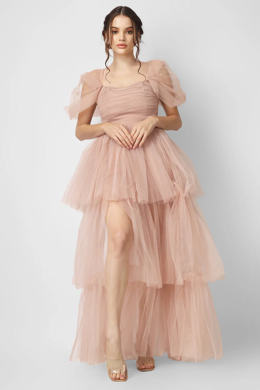 A Fitted Bodice,Cap Sleeve,Hidden Back Zipper ,A Flattering Sweetheart Neckline, Tiered Maxi Dress